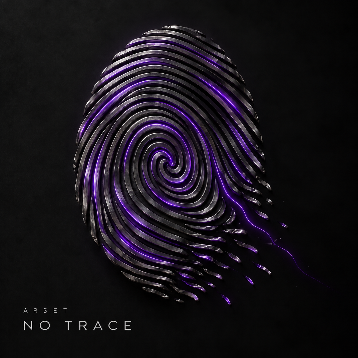 NO TRACE artwork: a metallic fingerprint fractures into violet light against black.